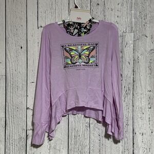 Justice Girls Long Sleeve Size S 7/8 Purple Butterfly W Hair Tie 2 Fer Swing Top